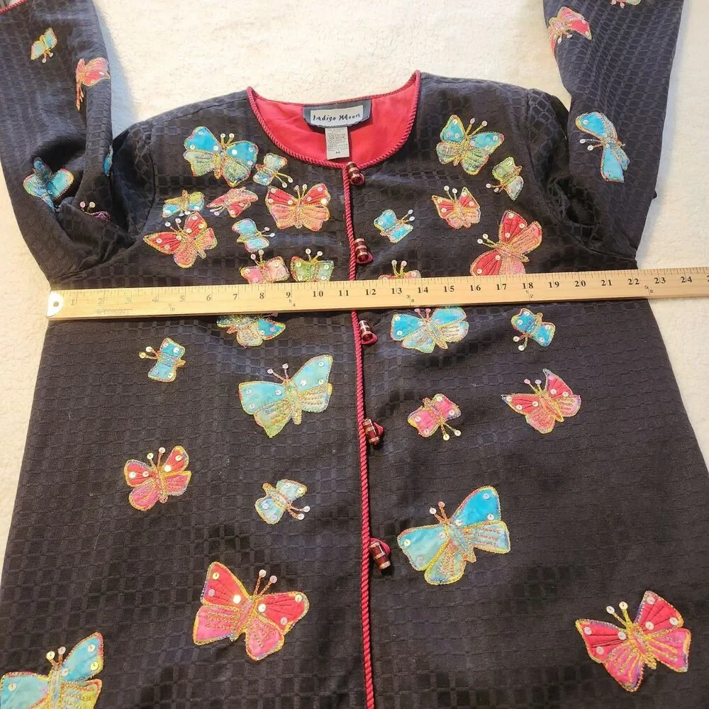 Indigo Moon Appliqué Embroidered Sequin Colorful Butterfly Black Jacket Womens M